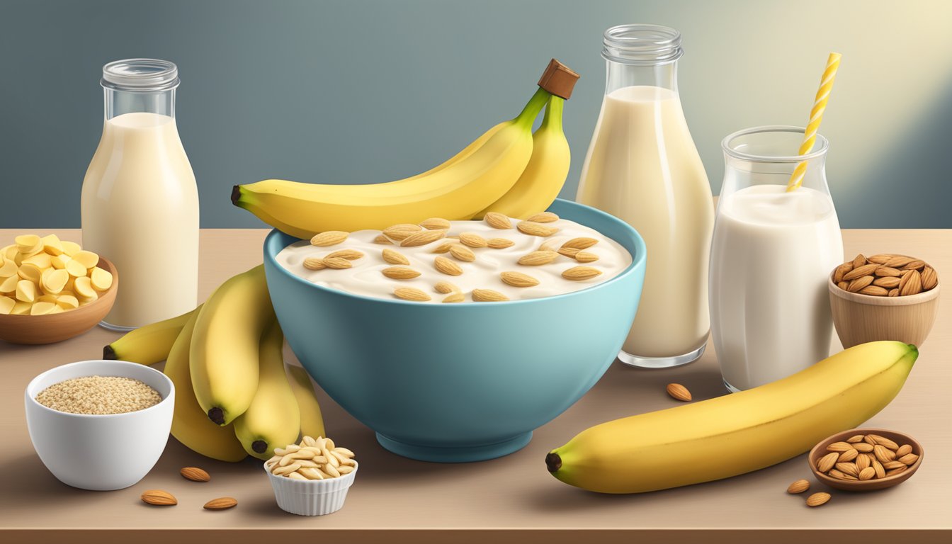 A bowl of bananas surrounded by various dairy and non-dairy milk options, including almond, soy, and oat milk