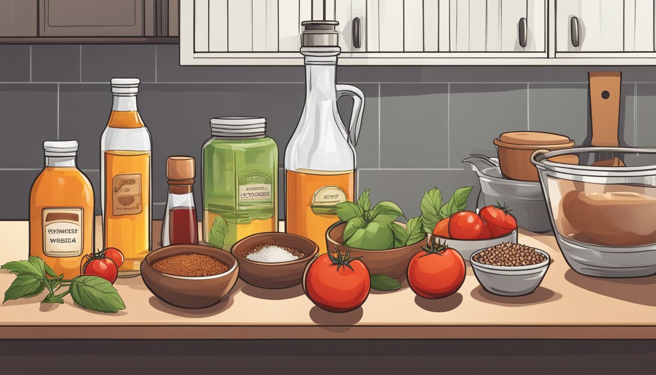 A variety of ingredients such as tomatoes, vinegar, sugar, and spices are arranged on a kitchen counter, ready to be used as substitutes for barbecue sauce