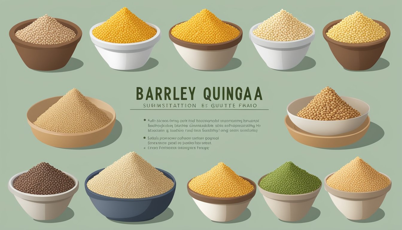 A variety of barley substitutes arranged in a colorful display, including quinoa, bulgur, and farro, with accompanying nutritional information