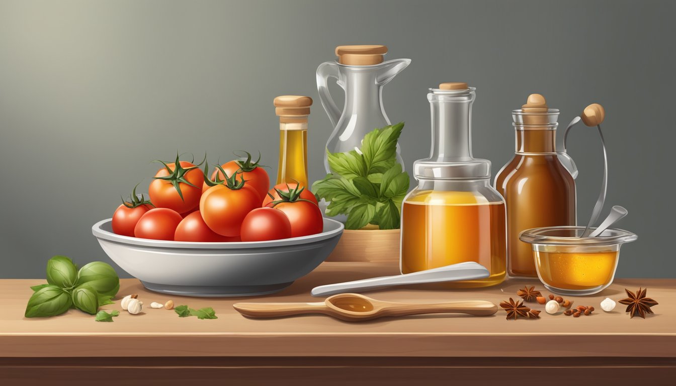 A table with various ingredients like tomatoes, vinegar, honey, and spices, along with a pot and stirring spoon