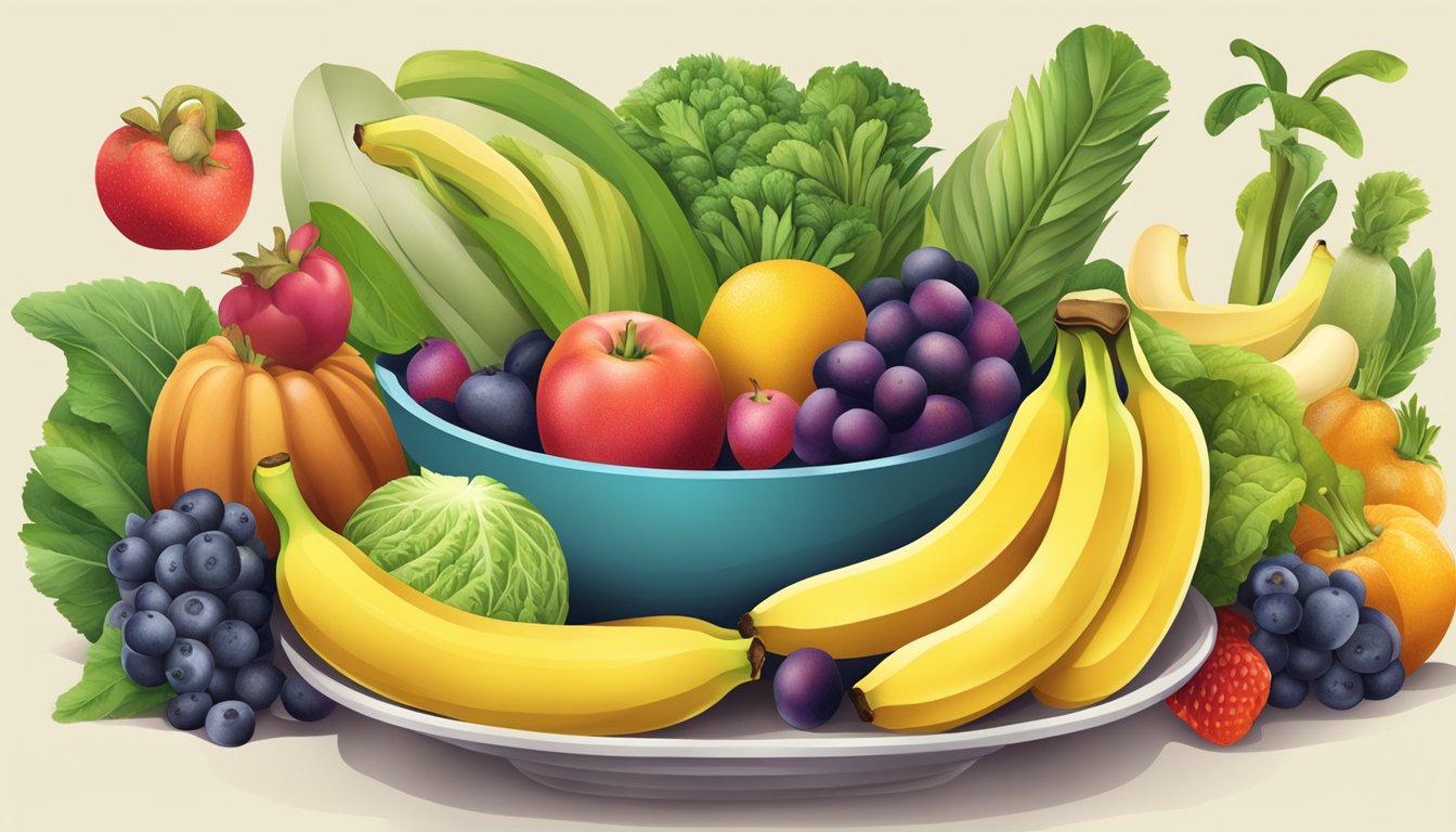 A bowl of bananas surrounded by various alternative fruits and vegetables