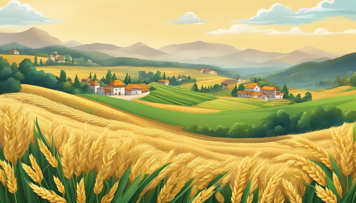 A landscape with fields of barley, surrounded by traditional cultural and regional symbols and motifs