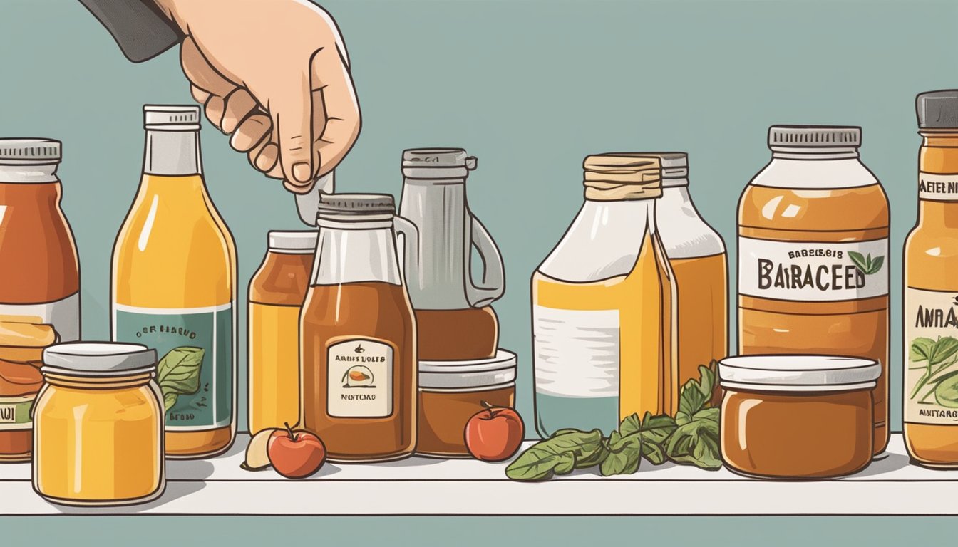 A bottle of barbecue sauce sits next to a lineup of alternative ingredients like honey, mustard, and ketchup. A chef's hand reaches for a bottle of apple cider vinegar