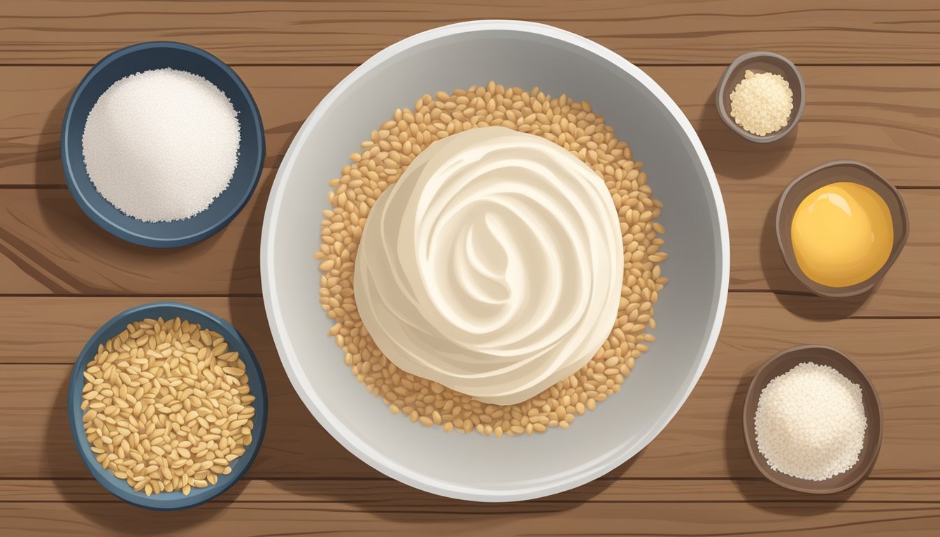 A bowl of barley flour surrounded by various alternative ingredients like almond flour, coconut flour, and tapioca starch on a wooden table