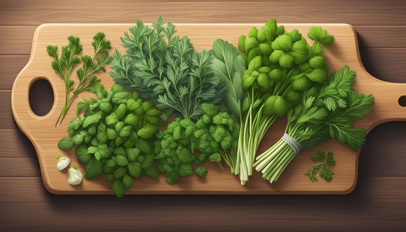 A variety of fresh herbs and greens arranged on a wooden cutting board, including parsley, cilantro, thyme, and rosemary