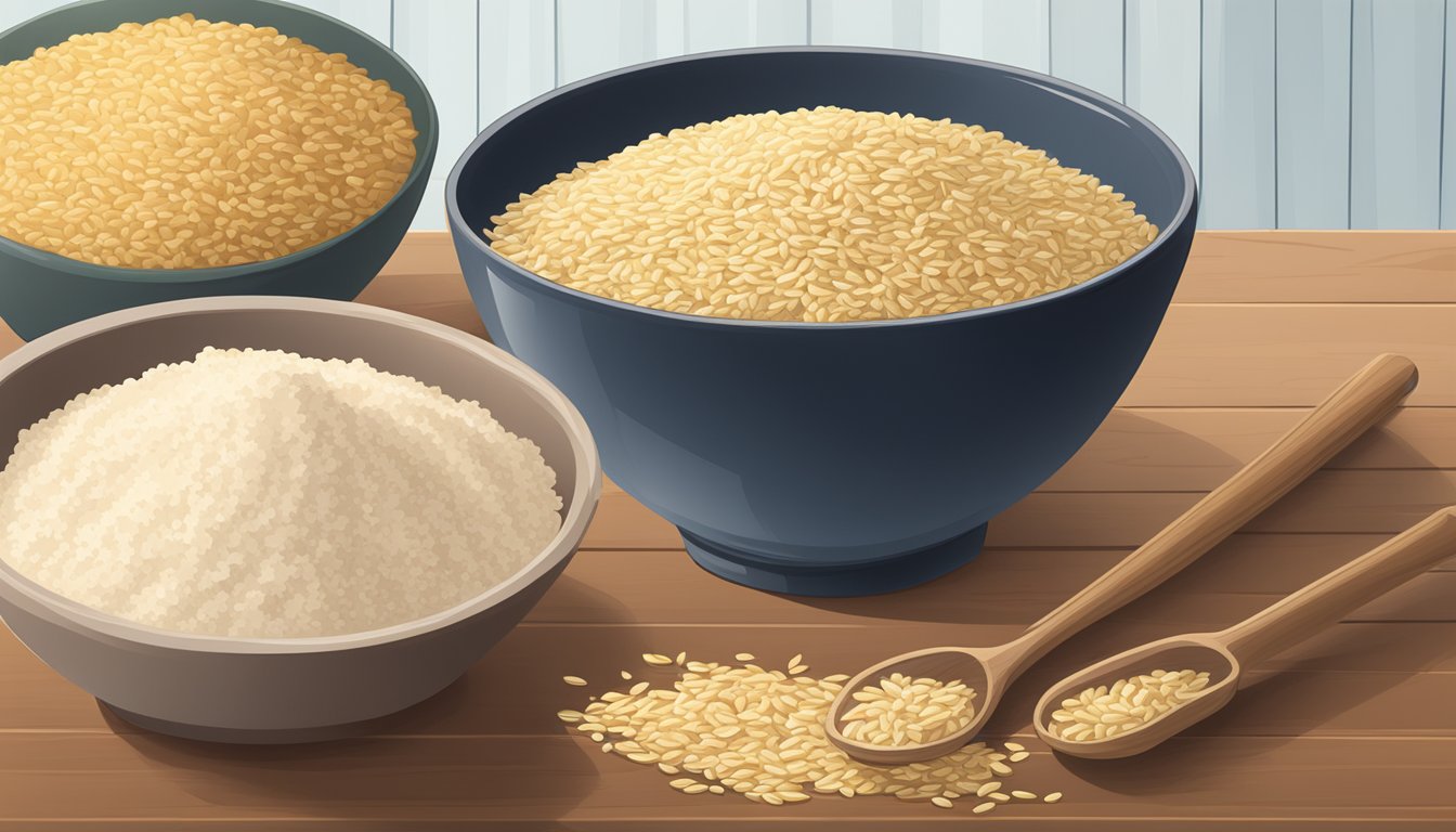 A bowl of oats, quinoa, and millet next to a bag of rice flour on a wooden table