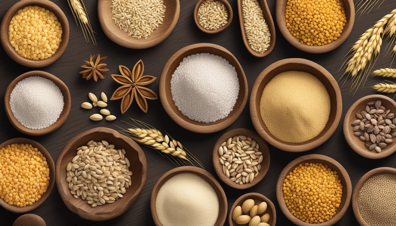 A variety of ancient grains and seeds, including barley flour, are arranged in a rustic wooden bowl on a textured surface