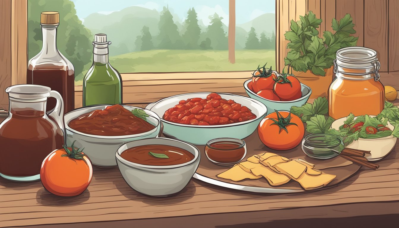 A table spread with various ingredients such as tomatoes, vinegar, and spices, alongside a bowl of homemade barbecue sauce substitute