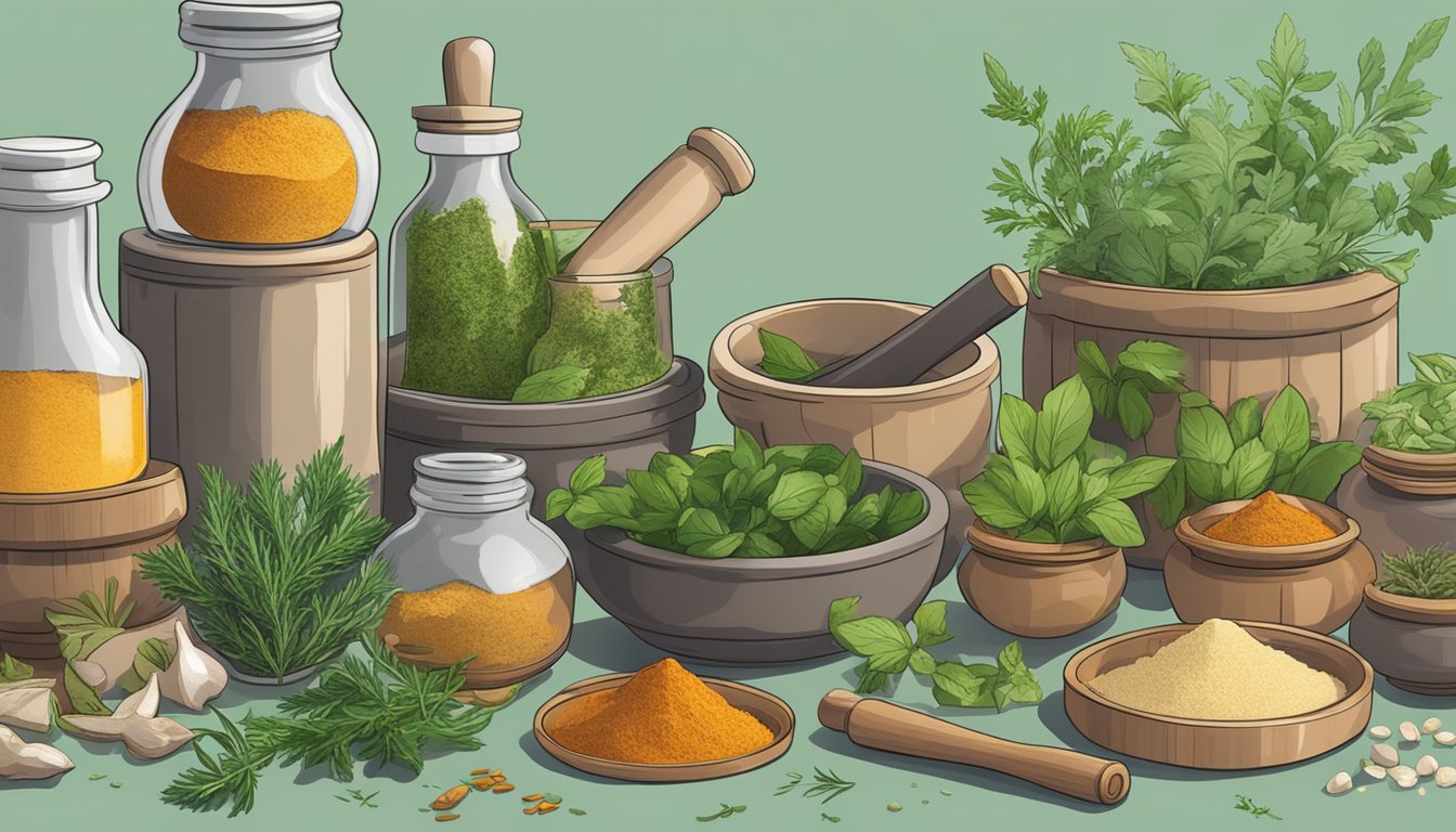 A mortar and pestle crushing fresh herbs, with various spice jars in the background