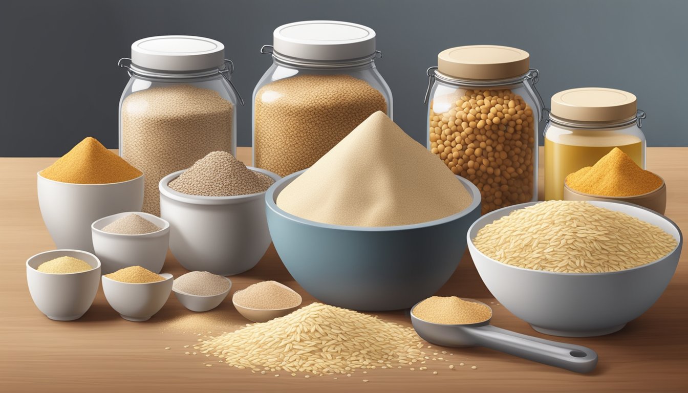 A kitchen counter with various grains and flours, including barley flour substitutes like almond flour and oat flour