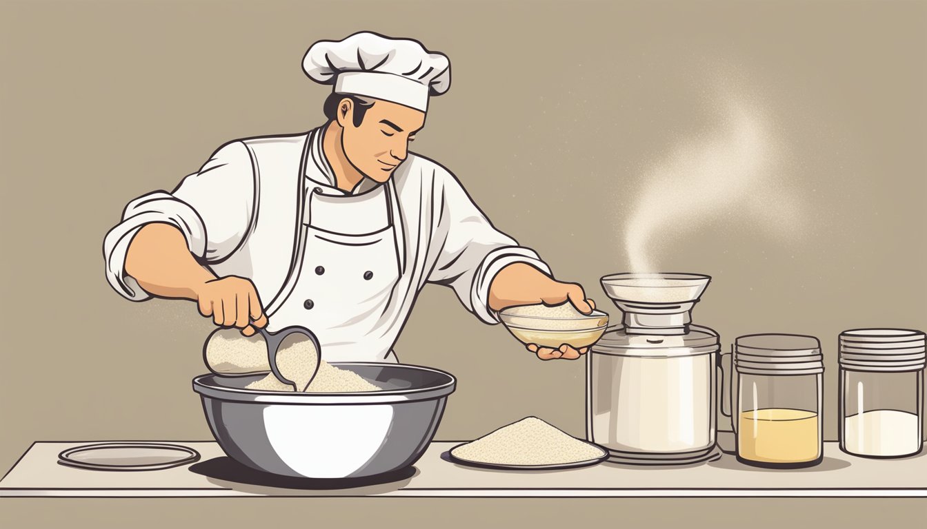 A chef swaps barley flour for almond flour in a recipe, pouring the fine, pale powder into a mixing bowl