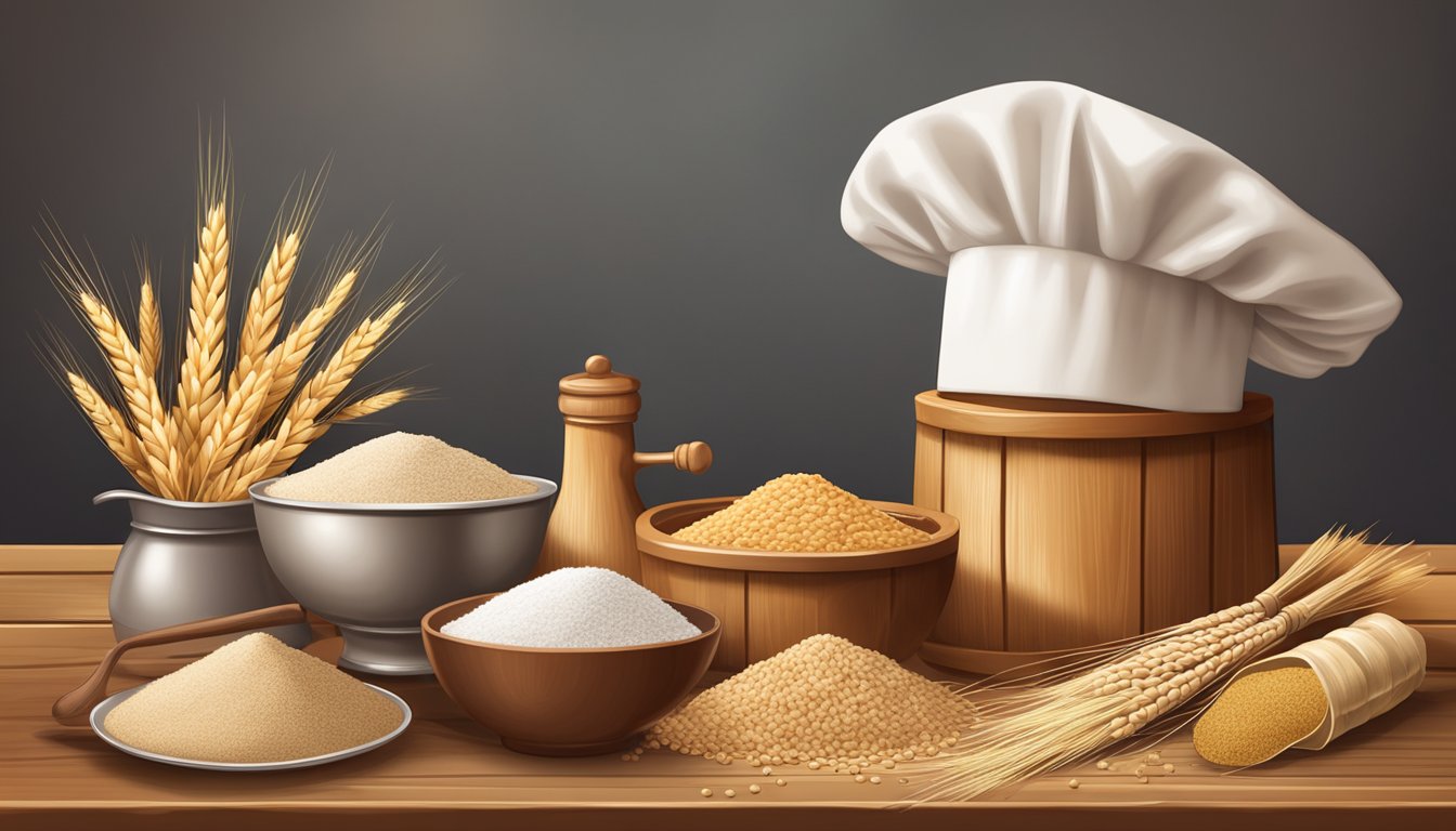 A variety of grains and flours arranged on a wooden table, with a bowl of barley flour in the center. A chef's hat and apron hang on a hook in the background