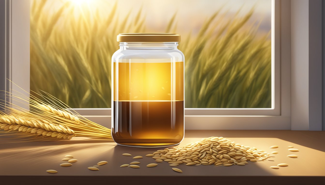 A glass jar of golden barley malt syrup surrounded by sprigs of barley and grains, with sunlight streaming through a window onto the scene