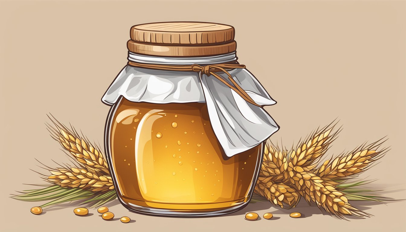 A jar of honey and a sprig of molasses sit on a wooden table, surrounded by scattered barley grains and stalks