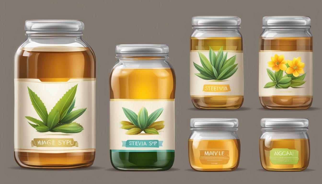 A variety of alternative sweeteners, such as agave nectar, stevia, and maple syrup, displayed in glass jars with their distinct characteristics highlighted