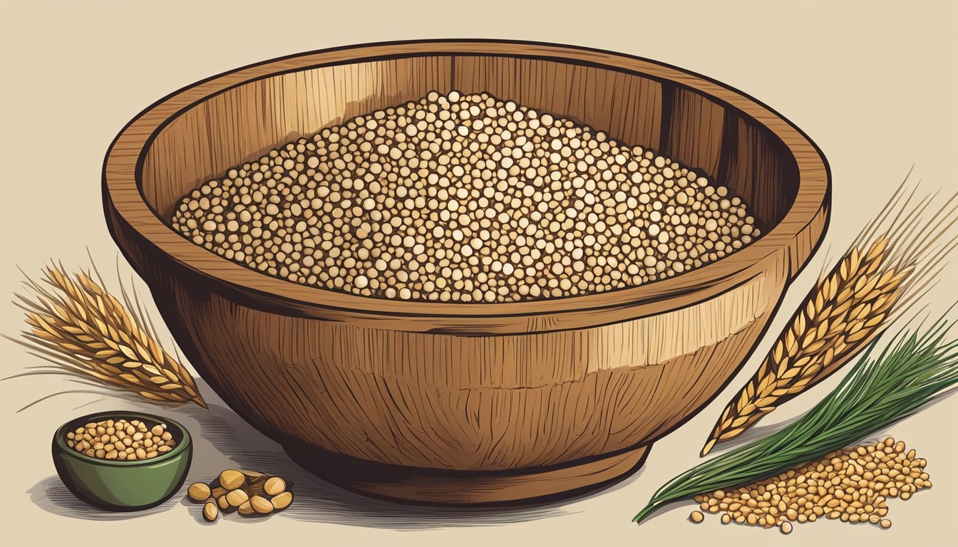 A rustic wooden bowl filled with pearl barley and various alternative substitutes, such as quinoa, bulgur, and farro, arranged in a visually appealing manner