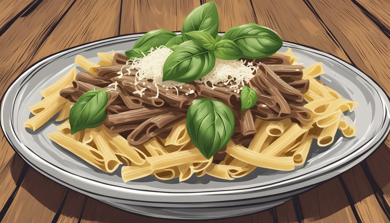 A steaming plate of bavette pasta with fresh basil and parmesan cheese on a rustic wooden table