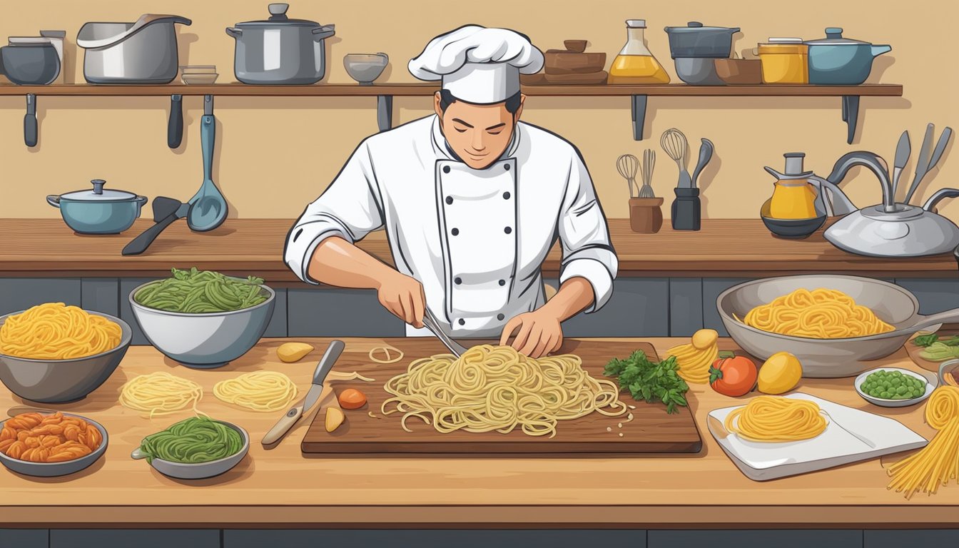 A chef comparing different pasta shapes, including bavette, on a wooden cutting board surrounded by various ingredients and cooking utensils