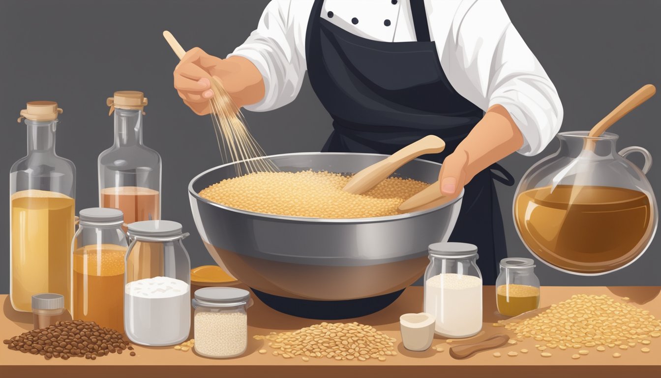 A chef pours barley malt syrup into a mixing bowl surrounded by various alternative sweeteners and ingredients for culinary experimentation