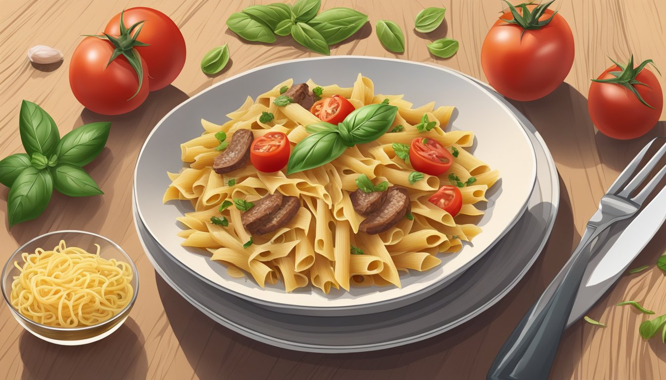 A bowl of bavette pasta made from wheat-based alternatives, surrounded by ingredients like tomatoes, basil, and olive oil