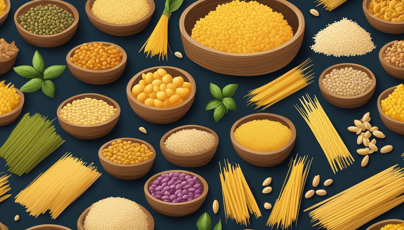 A colorful array of grain-based and legume pastas arranged in a rustic wooden basket