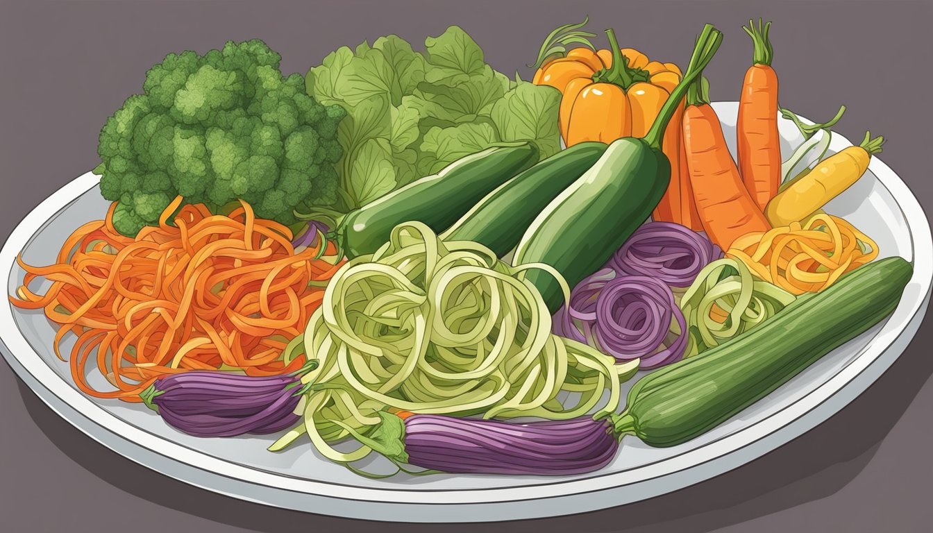 A colorful array of vegetables, including zucchini, carrots, and bell peppers, being spiralized into long, thin strands to replace traditional bavette pasta