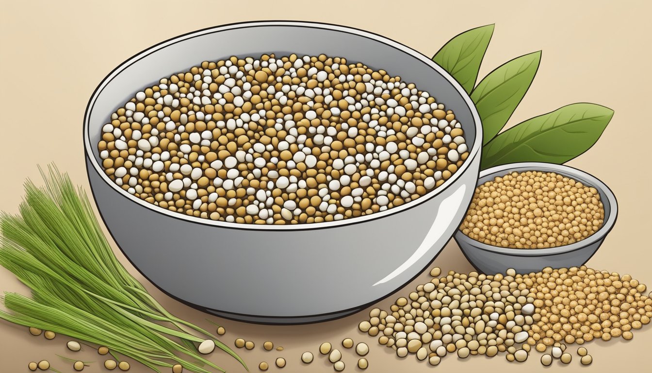 A bowl of barley pearls surrounded by various alternative substitutes, such as quinoa, brown rice, and lentils, arranged in a visually appealing manner