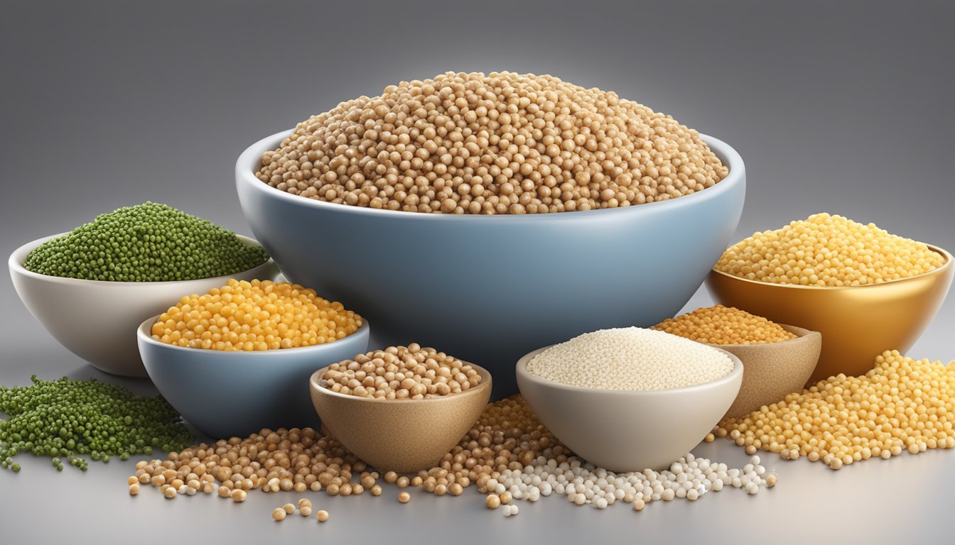 A bowl of barley pearls surrounded by various alternative substitutes such as quinoa, bulgur, and farro