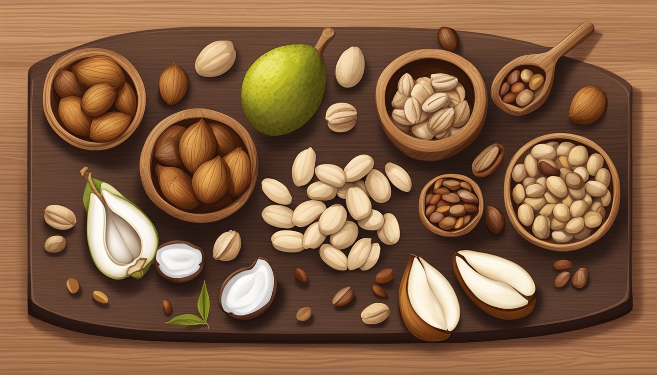 A variety of baru nuts and their substitutes arranged on a wooden cutting board