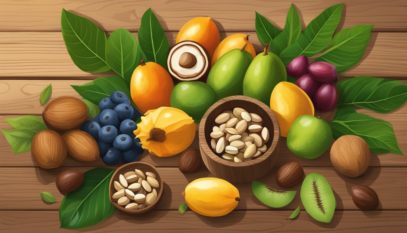 A colorful array of baru nuts, seeds, and fruits arranged on a rustic wooden table, surrounded by vibrant green leaves and a soft natural light