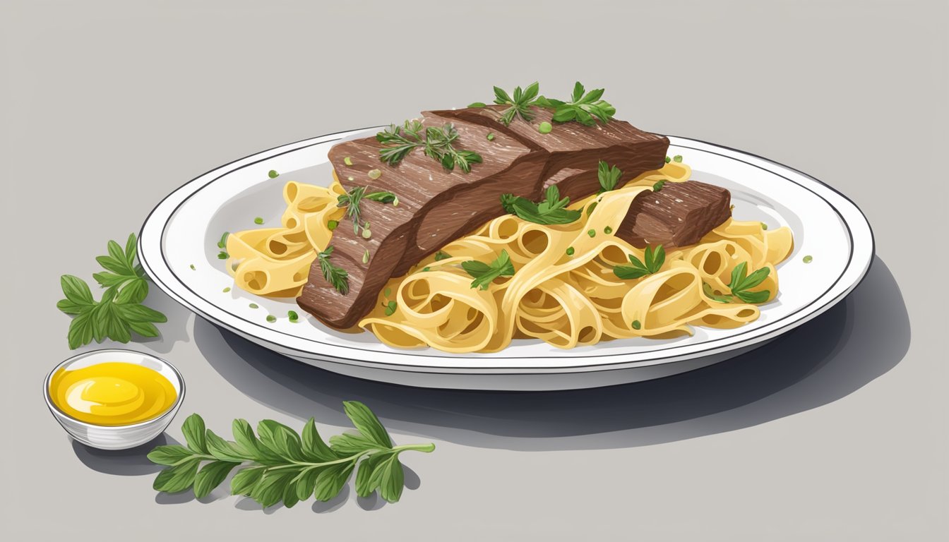 A plate of bavette pasta served with fresh herbs and a side of olive oil