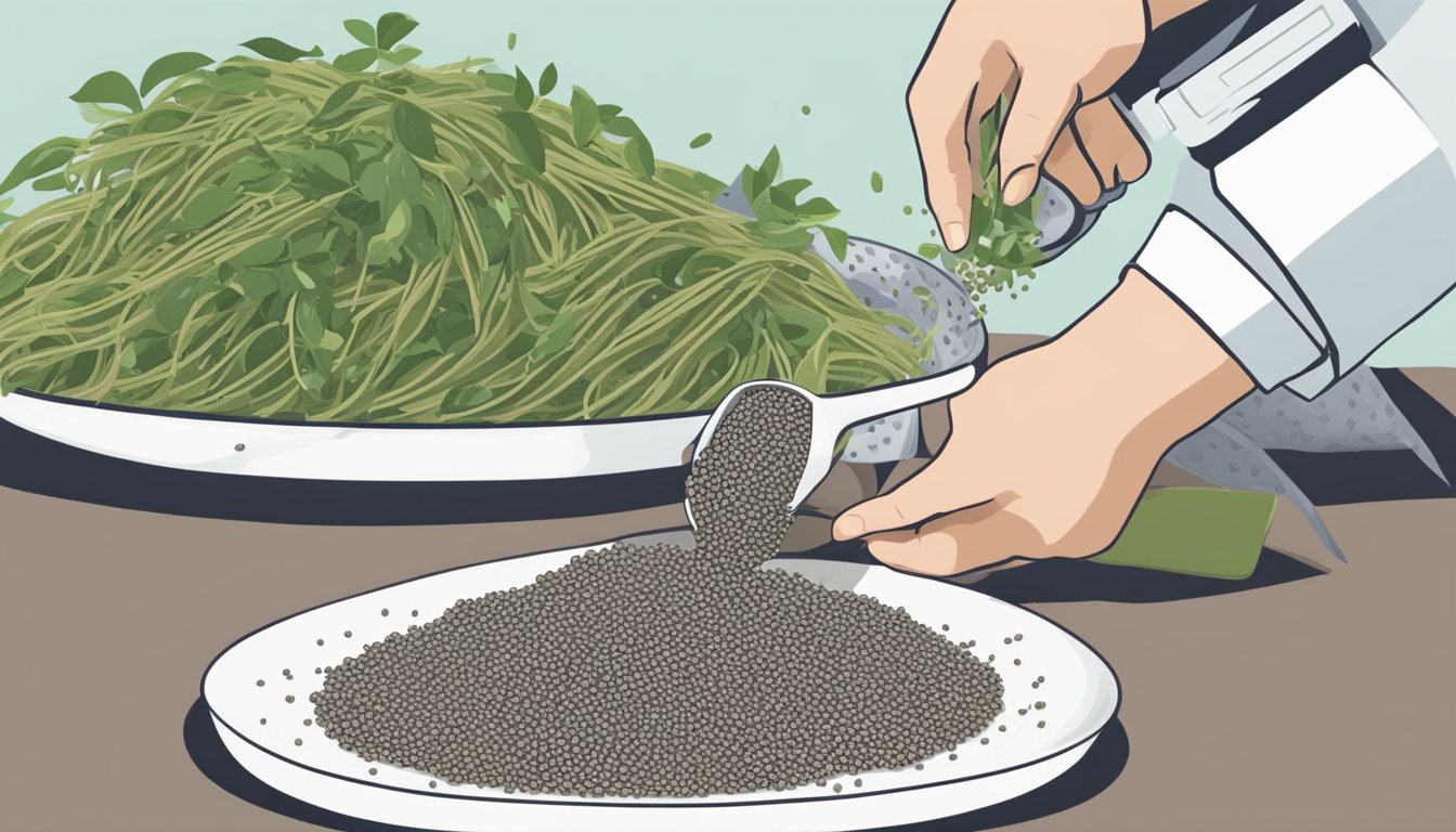 A hand sprinkles chia seeds over a dish of pasta, replacing basil. A jar of chia seeds sits nearby