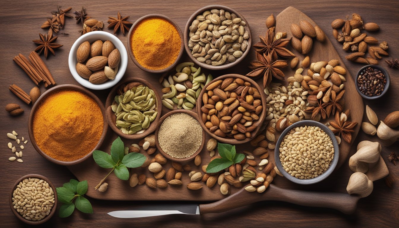 A variety of nuts and seeds arranged around a cutting board with a knife, mortar and pestle, and a bowl of mixed spices