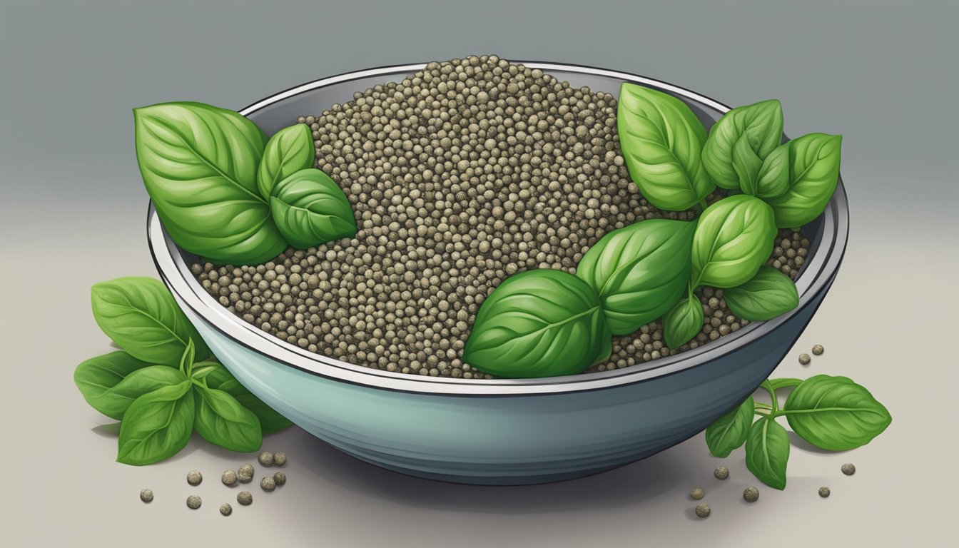 A small bowl of basil seeds surrounded by various non-herbal green substitutes like spinach, kale, and arugula