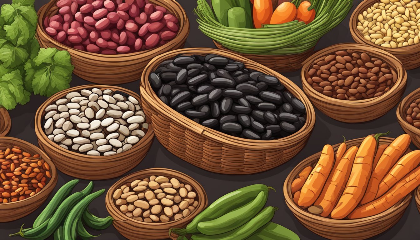 A colorful array of beans, including kidney, black, and pinto beans, are arranged in a wicker basket next to a variety of fresh vegetables