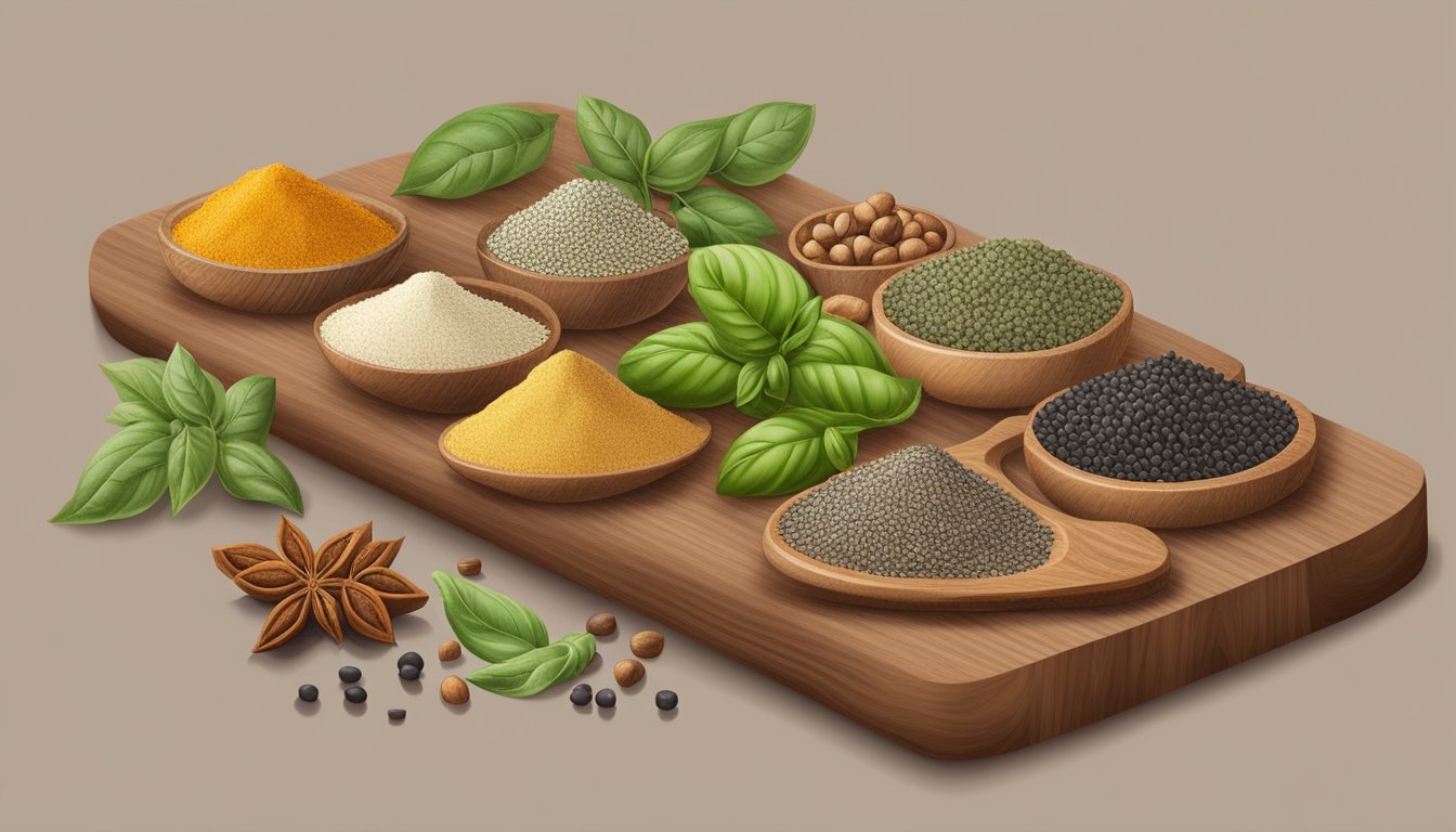 A variety of spice blends and basil seed substitutes arranged on a wooden cutting board