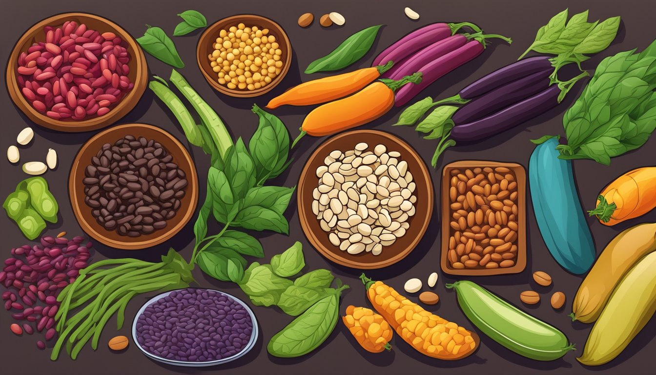 A variety of beans in vibrant colors and different sizes, surrounded by fresh substitutes like vegetables and grains, showcasing their unique characteristics