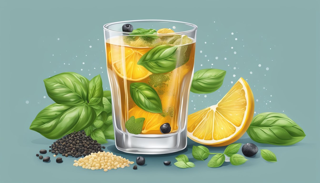 A glass of iced drink with basil seeds floating, surrounded by various herbs and spices