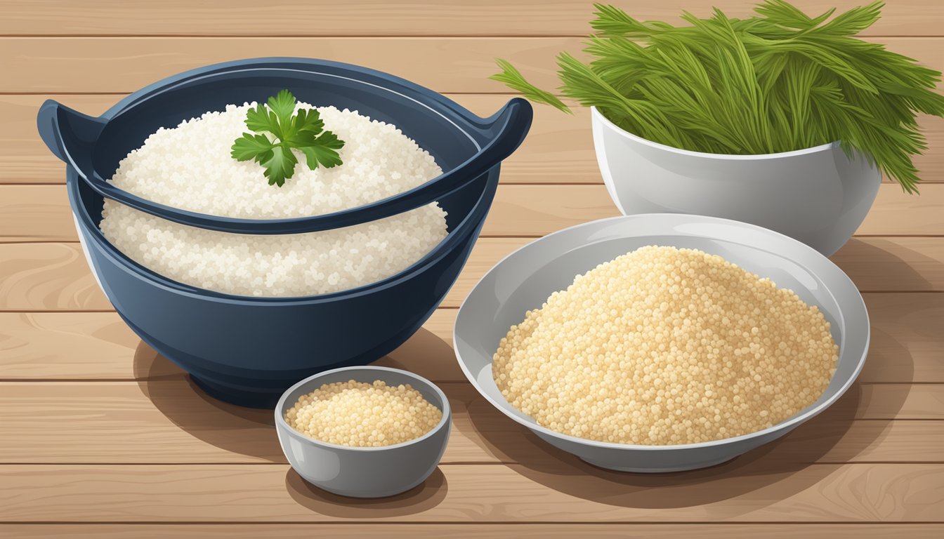 A bowl of basmati rice surrounded by quinoa, couscous, and cauliflower rice on a wooden table