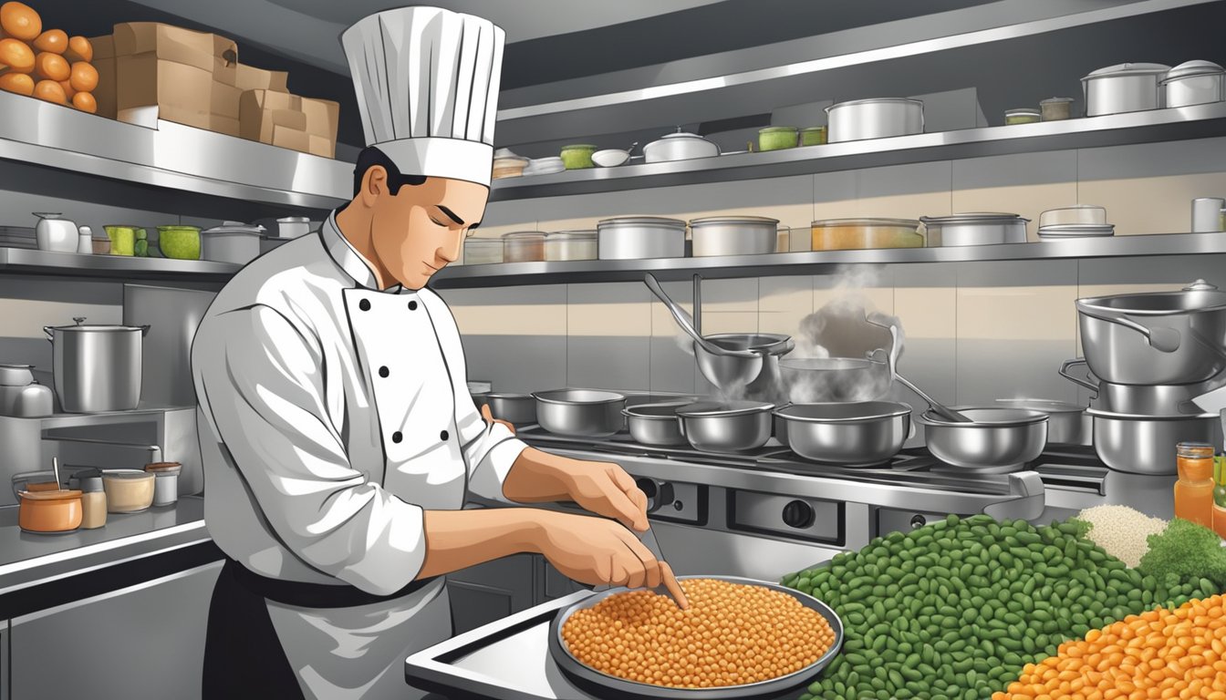 A chef adding fresh beans and other substitutes into various dishes in a bustling kitchen