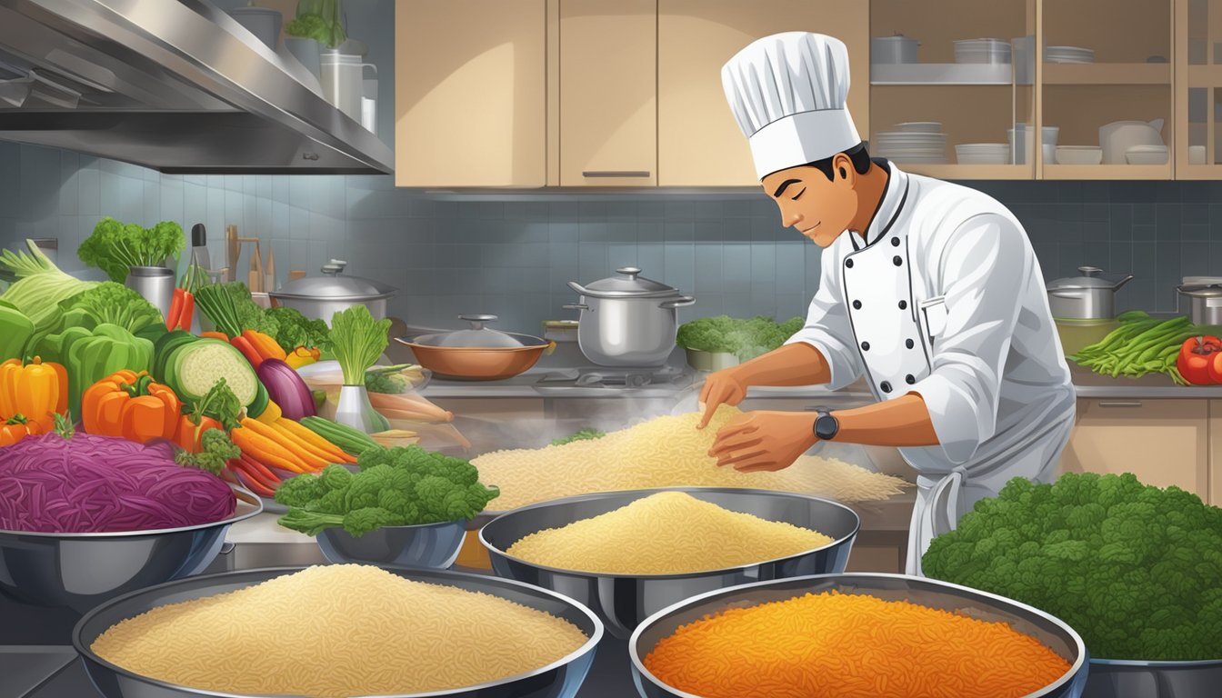 A chef effortlessly cooks a variety of basmati rice substitutes in a bustling kitchen, surrounded by an array of colorful vegetables and aromatic spices