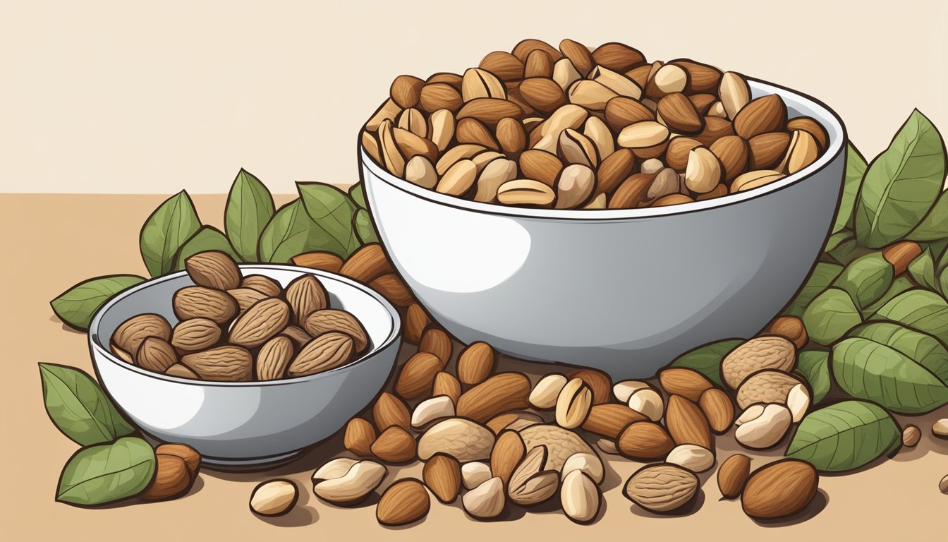 A bowl of various nuts arranged next to a pile of fresh beans, suggesting nuts as substitutes for beans in cooking