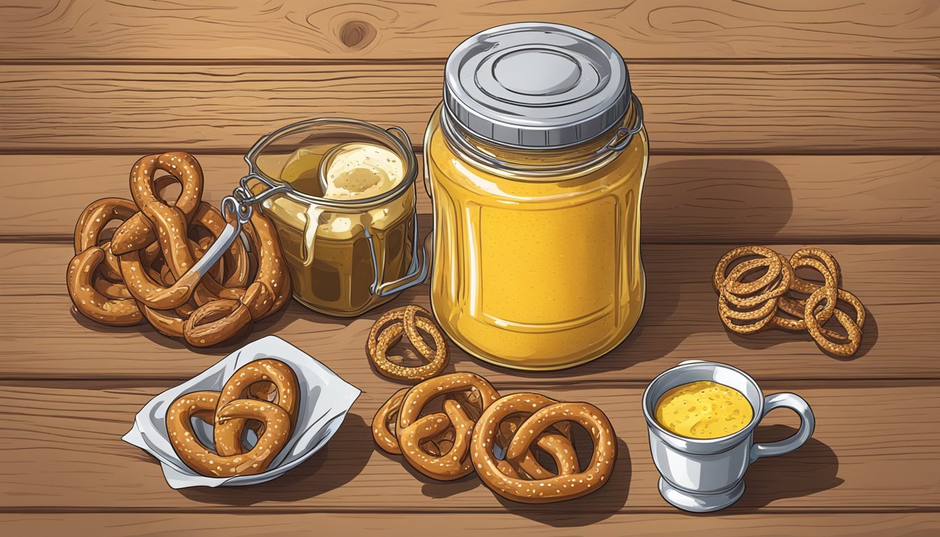 A jar of Bavarian sweet mustard sits open on a wooden table, surrounded by pretzels, sausages, and a beer stein