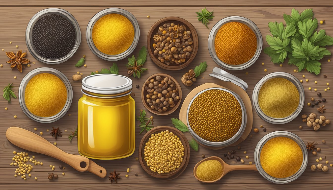 A jar of bavarian sweet mustard surrounded by various types of mustard seeds and colorful spices on a wooden cutting board