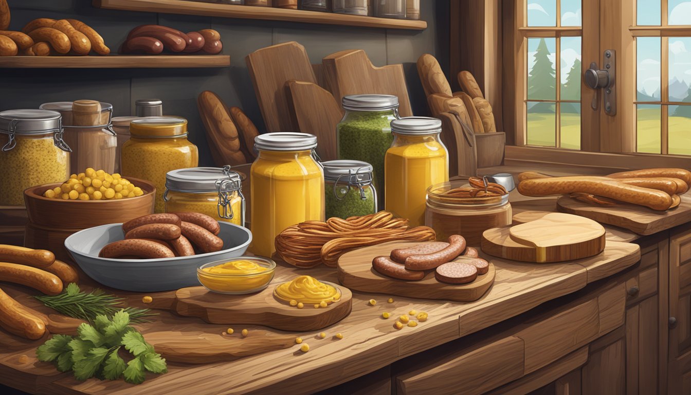 A wooden cutting board with a variety of mustard jars, pretzels, and sausages arranged in a rustic kitchen setting