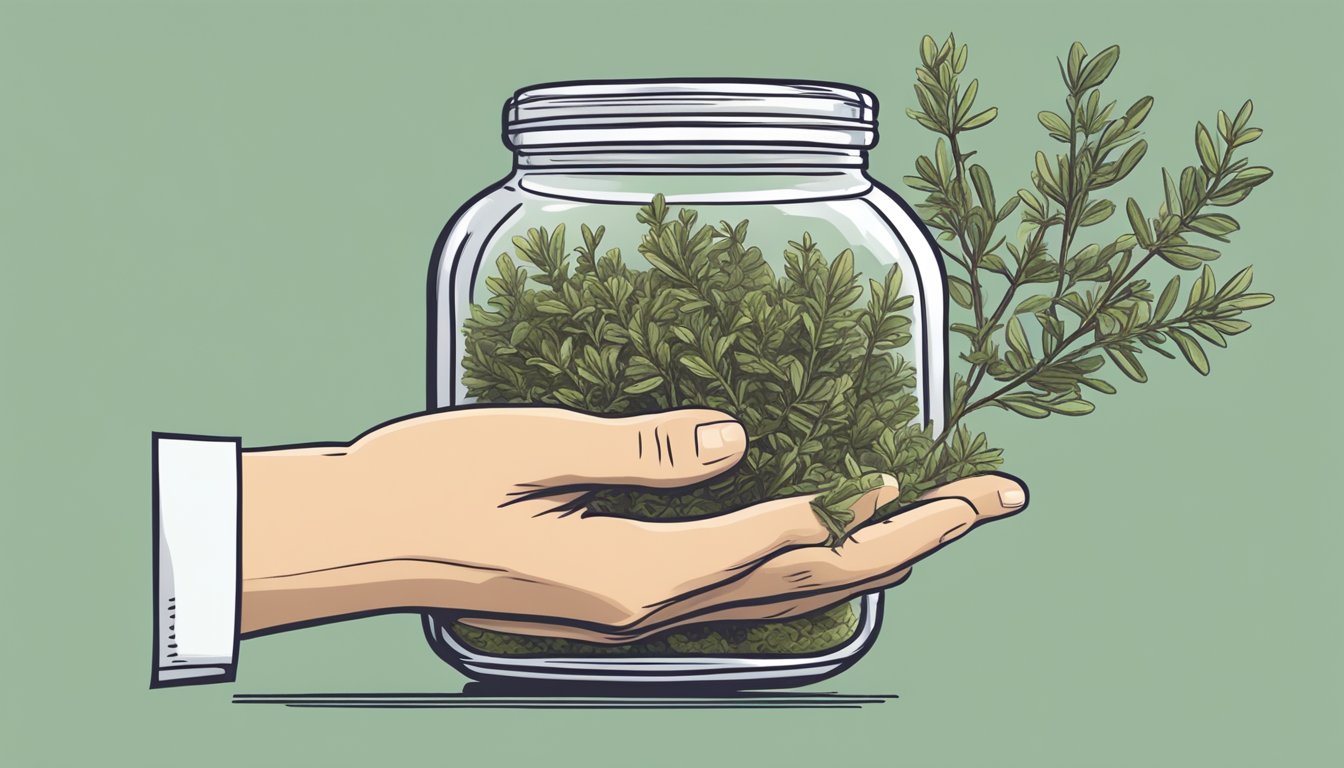 A hand reaching for a jar of dried thyme or oregano as a substitute for bay leaves