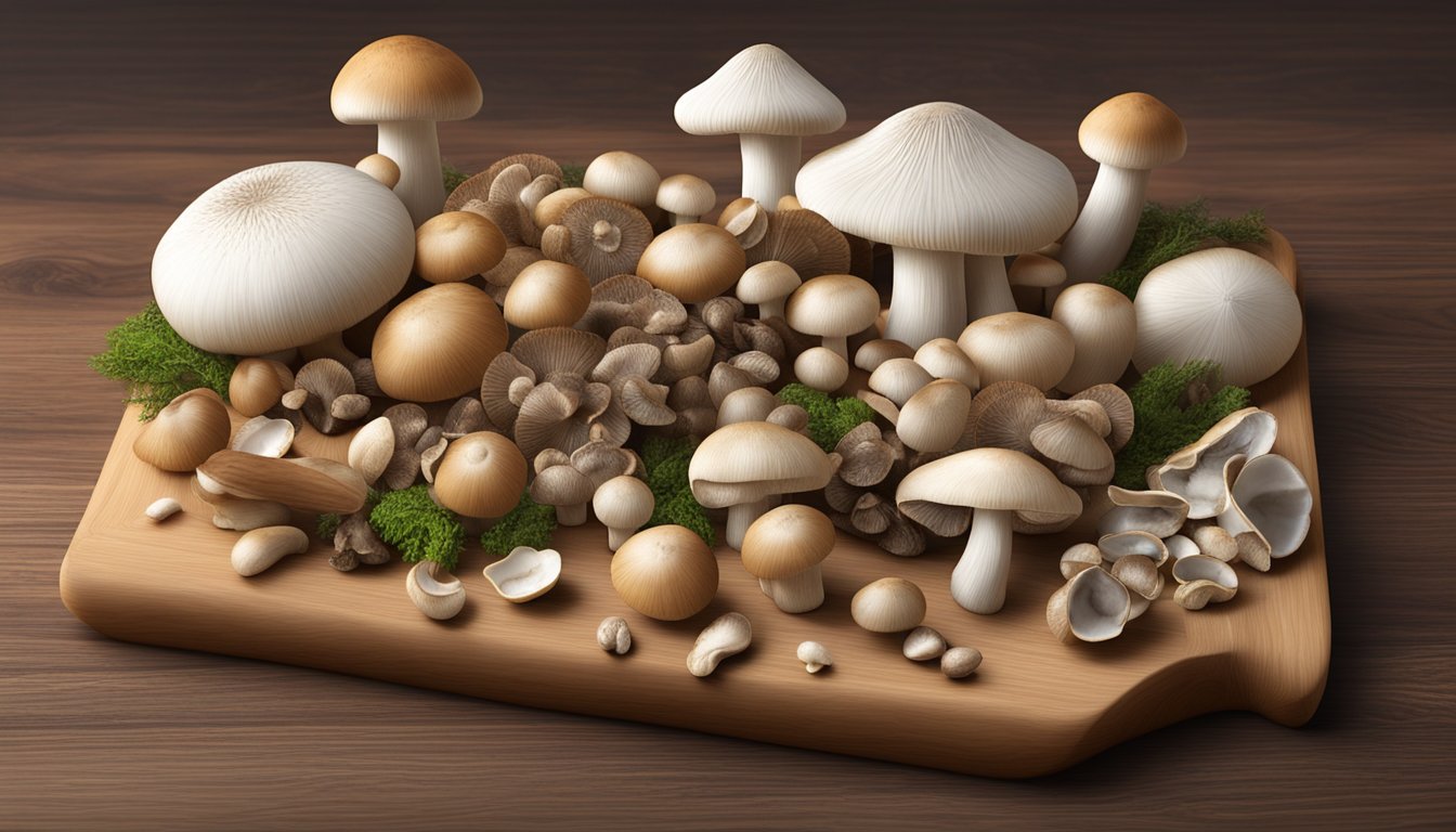 A cluster of beech mushrooms surrounded by various substitute options such as shiitake, oyster, and enoki mushrooms, displayed on a wooden cutting board