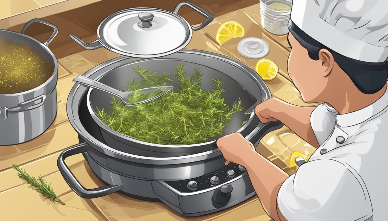 A chef sprinkles thyme and rosemary over a simmering pot, replacing bay leaves with a twist of lemon peel