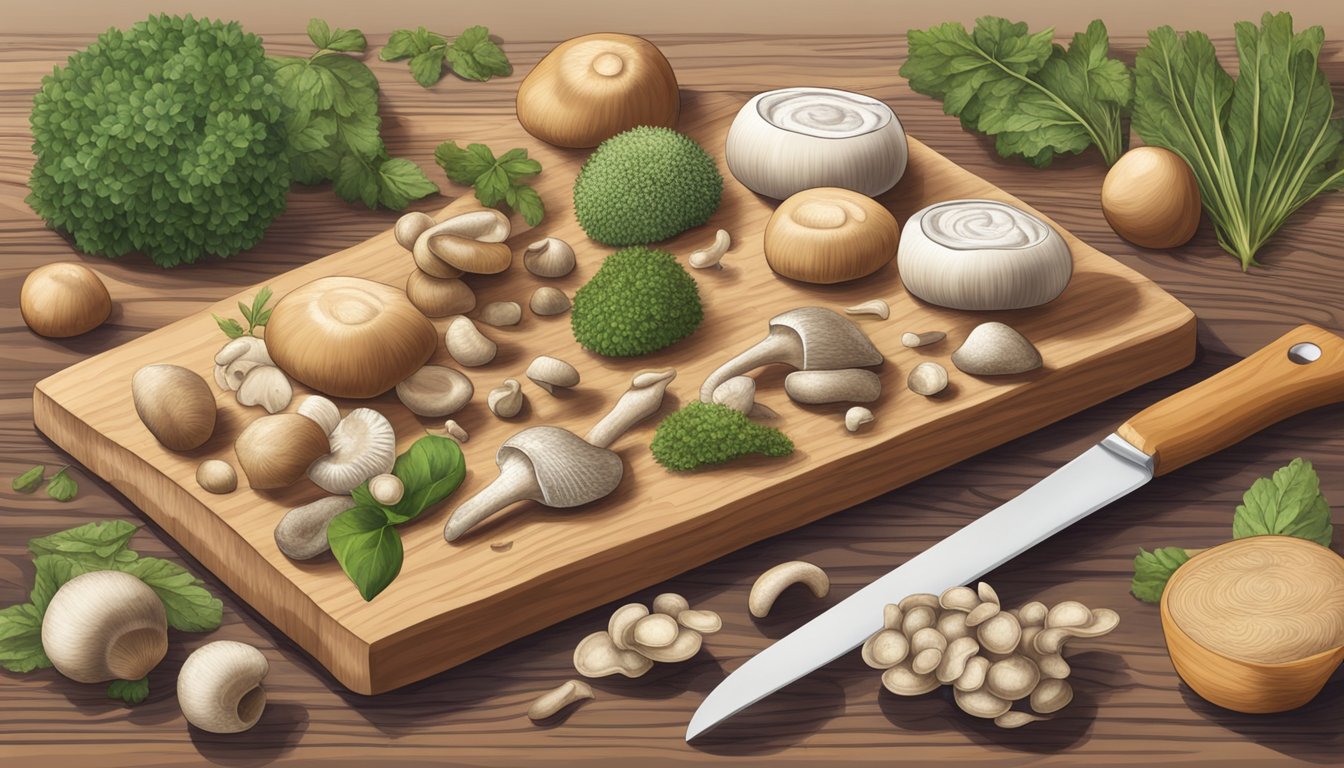 Beech mushrooms and various plant-based substitutes arranged on a wooden cutting board