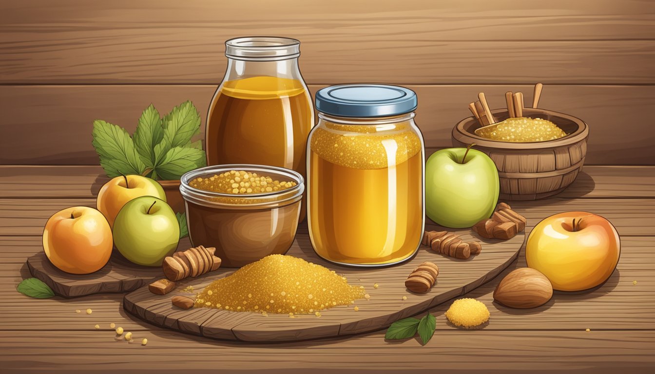 A jar of bavarian sweet mustard surrounded by various substitute ingredients like honey, brown sugar, and apple cider vinegar on a rustic wooden table